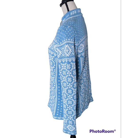 L.L Bean Snowflake Full Zip Heavyweight Cotton Sweater, Large, Blue White - Picture 4 of 5